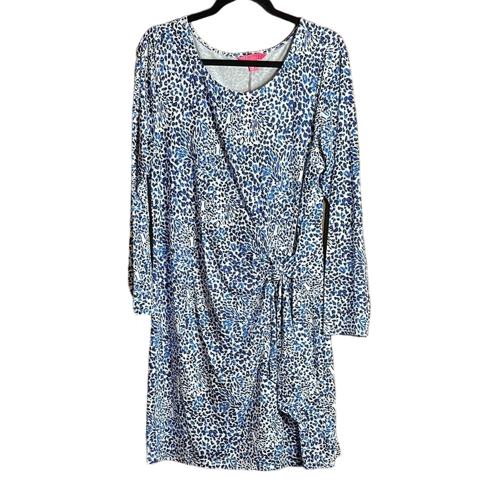 Lilly Pulitzer Bryson Blue and White Leopard Print Faux Wrap Dress Size XL - NWT